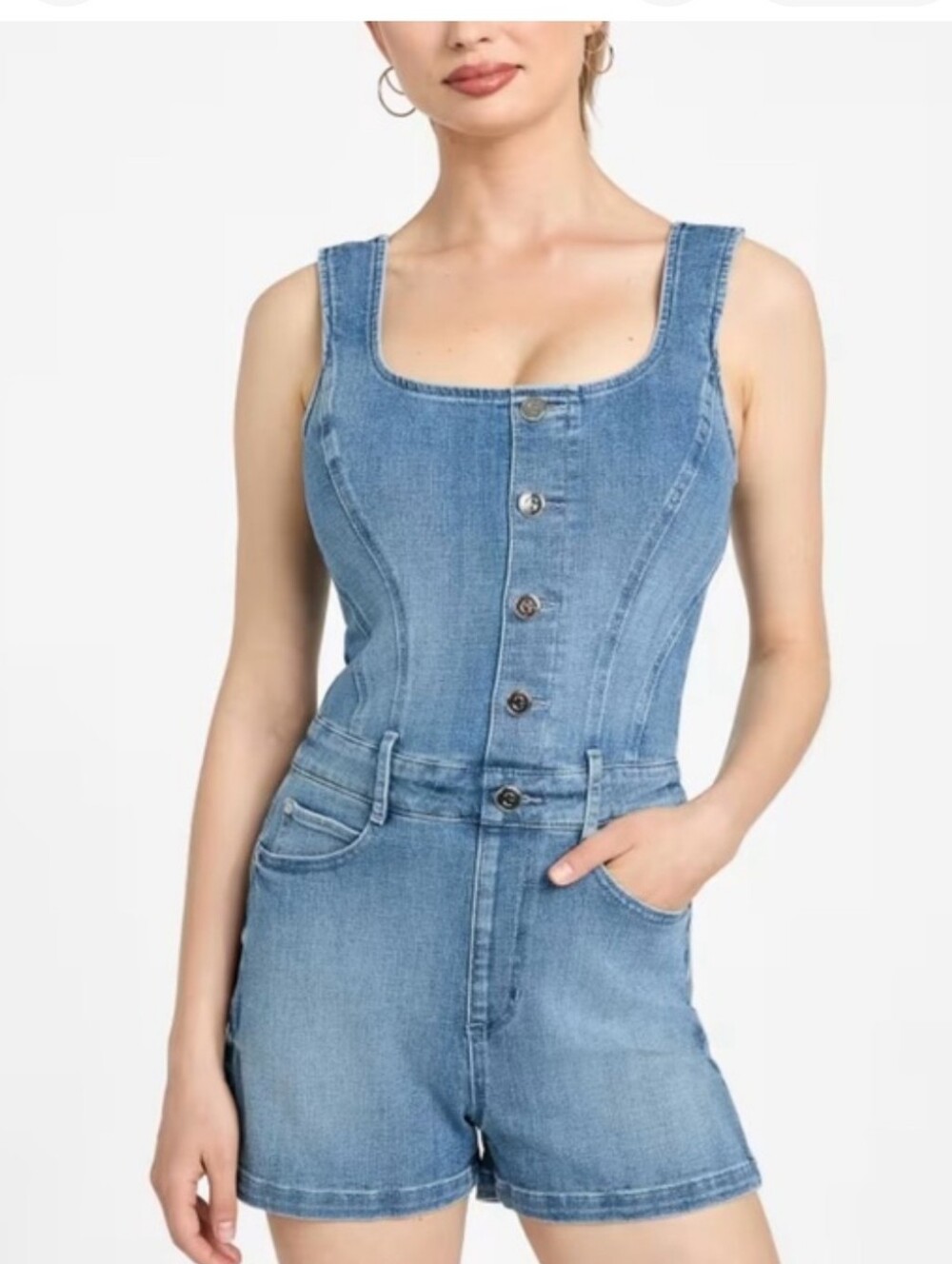 Guess medium wash denim button front scoop neck‎ sleeveless jeans romper size S